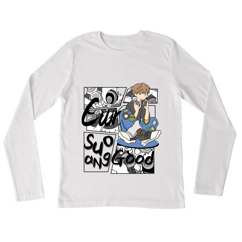Stylischer Junge mit Kopfhörern Damen Langarm T-Shirt