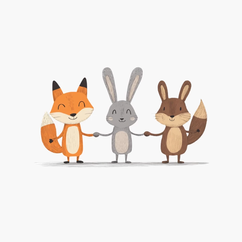 Adorable Woodland Friends: Cartoon Fox, Rabbit, and Squirrel Holding Hands Cotton Tote Bag